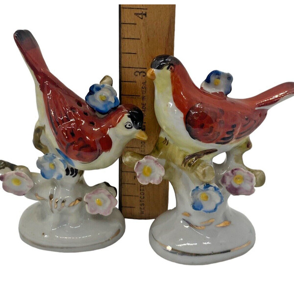 Vintage Ceramic Japan Red Birds in Blue Flowering tree Salt & Pepper Shakers Set - Picture 4 of 13